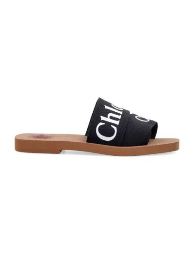 Chloé Flat Sandals With Linen Band And Logo In Negro