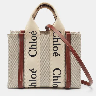 Pre-owned Chloé Woody Small Beige/brown Canvas And Leather Tote