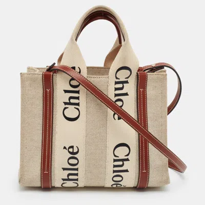 Pre-owned Chloé Woody Small Beige/brown Canvas And Leather Tote In Sand