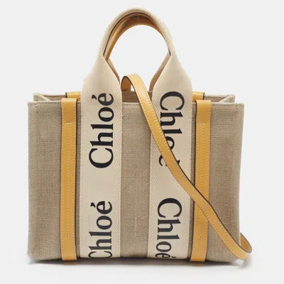 Pre-owned Chloé Woody Small Beige/honey Gold Canvas And Leather Tote In Sand