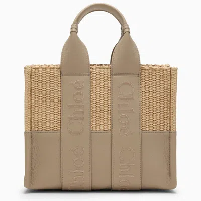 Chloé Woody Small Grey Bag In Raffia-effect Fabric