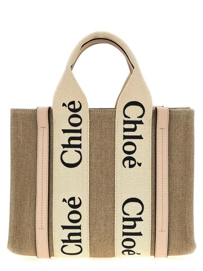 Chloé Small Woody Logo Strap Linen Tote In Pink