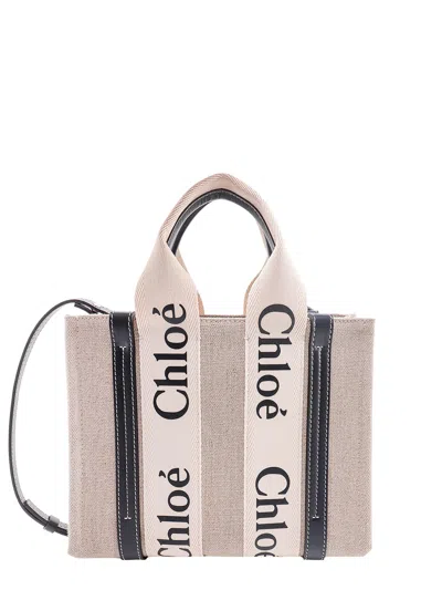 Chloé Woody Small Linen And Leather Handbag.this Bag Is Made With Lower Environmental Impact Material In Whiteblue