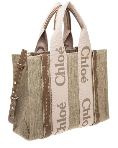 Chloé Woody Small Linen & Leather Tote In Beige