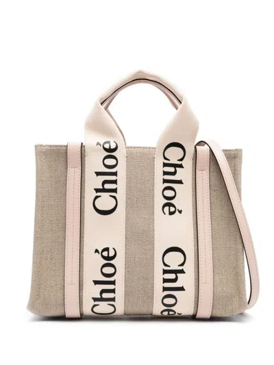 Chloé Woody Small Linen Tote Bag In Pink