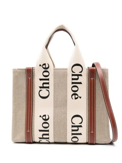 Chloé Woody Small Linen Tote Bags In Beige