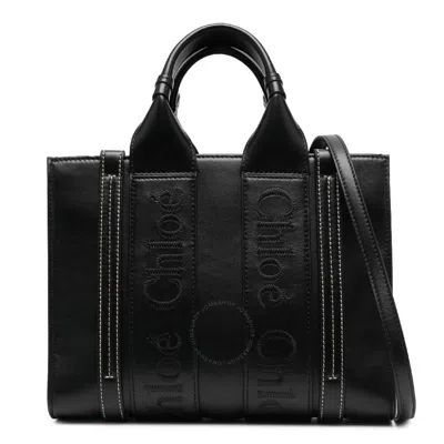 Chloé Chloe Woody Small Logo Embroidered Leather Tote In Black