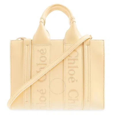 Chloé Chloe Woody Small Logo Embroidered Leather Tote In Yellow