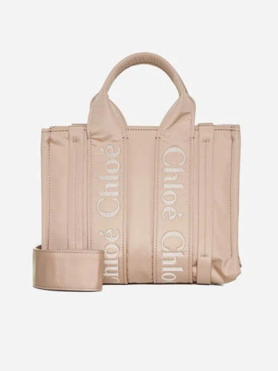 Chloé Woody Small Nylon Tote Bag In Rose Dust