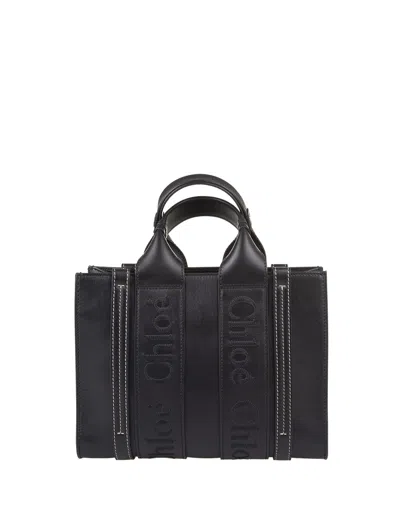 Chloé Woody Small Shopping Bag In Black Leather