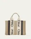 Chloé Woody Small Tote Bag In Linen With Crossbody Strap In Multi