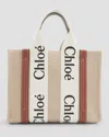 Chloé Woody Small Tote Bag In Linen With Crossbody Strap In Multi