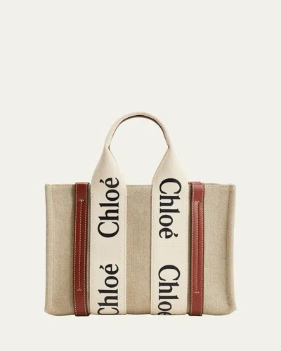 Chloé White And Brown Woody Small Tote Bag In White/brown