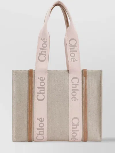 Chloé Woody Striped Linen Shoulder Bag In Neutrals