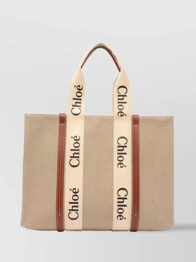 Chloé Woody Tote Bag Contrast Trim In Brown