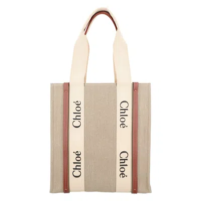 Chloé Woody Tote Bag In Linen & Leather In Neutral