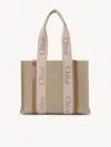 Chloé Sac Cabas Woody En Toile De Lin Femme Beige Taille Onesize 100% Lin, Cuir De Veau In Beige