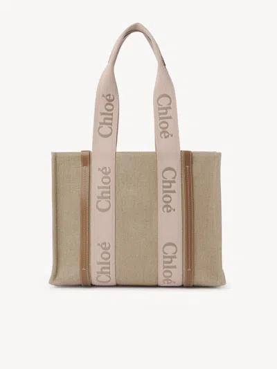 Chloé Sac Cabas Woody En Toile De Lin Femme Beige Taille Onesize 100% Lin, Cuir De Veau