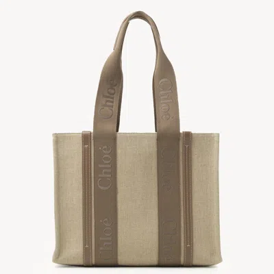 Chloé Woody Tote Bag In Linen Brown Size Onesize 100% Linen, Calf-skin Leather