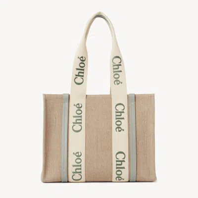 Chloé Woody Tote Bag In Linen Green Size Onesize 100% Linen, Calf-skin Leather, Polyester