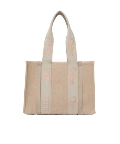 Chloé Woody Tote Bag In Linen In Nude