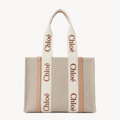 Chloé Woody Tote Bag In Linen Orange Size Onesize 100% Linen, Calf-skin Leather