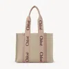 Chloé Woody Tote Bag In Linen Pink Size Onesize 100% Linen, Calf-skin Leather, Polyester In Pink