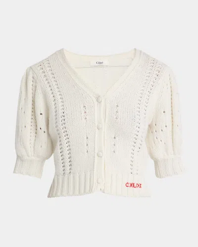 Chloé Wool & Cashmere Cropped Puff-sleeve Cardigan In White