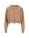 Chloé Pullover Corto Con Collo A Lupetto In Maglia Di Lana E Cashmere Con Pizzo In Brown