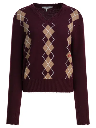 CHLOÉ WOOL AND CASHMERE V-NECK SWEATER KNITWEAR BORDEAUX