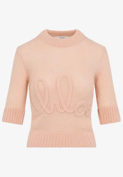 Chloé Wool And Silk Logo-applique Top In Pink