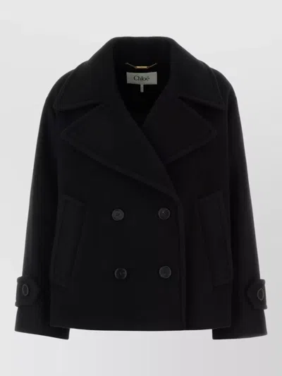 Chloé Wool Blend Coat Boxy Silhouette Lapels In Blue