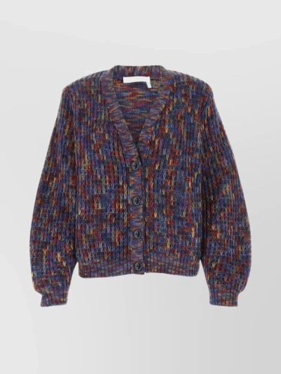 CHLOÉ WOOL BLEND V-NECK CARDIGAN WITH PUFFED SLEEVES