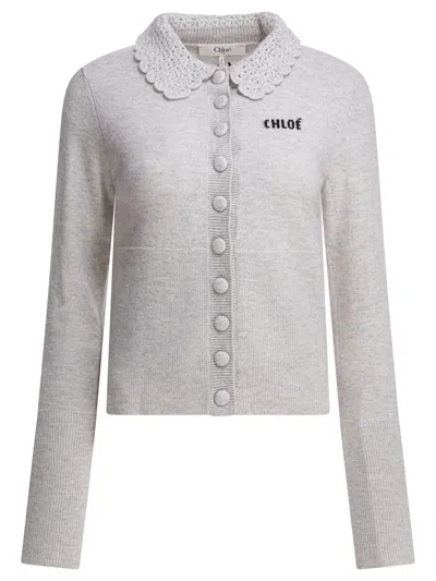 Chloé Wool Cardigan With Logo Knitwear Grey In White
