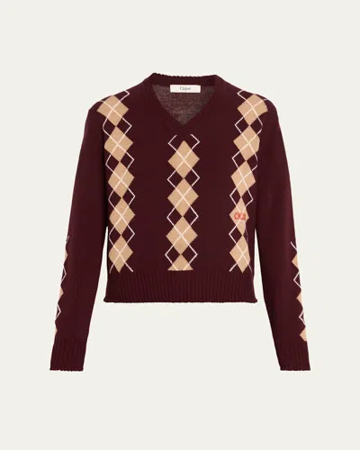 CHLOÉ WOOL-CASHMERE ARGYLE V-NECK SWEATER