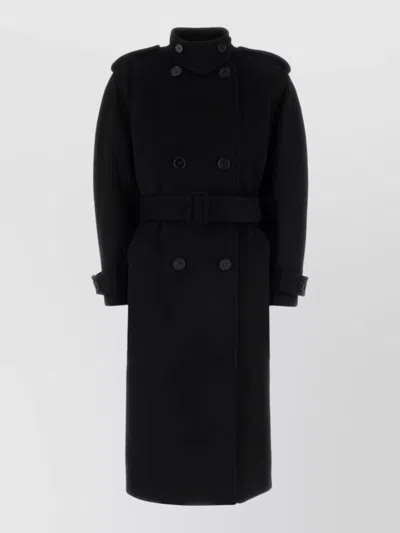 Chloé Wool Coat Belted Waist Long Epaulettes In Black