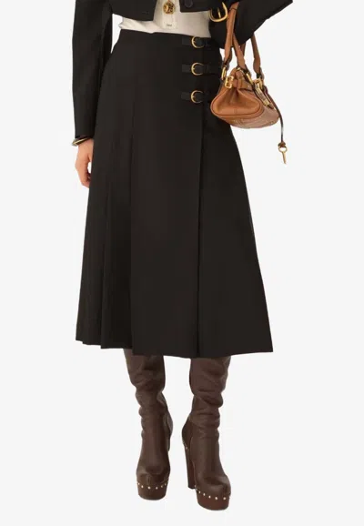Chloé Pleated Leather-trimmed Grain De Poudre Wool Midi Skirt In Black