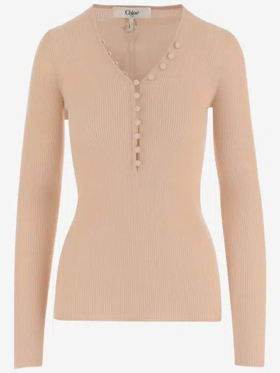 Chloé Wool Henley Shirt In Brown
