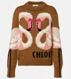 Chloé Hand Knit Flamingo Intarsia Wool Crewneck Sweater In Brown