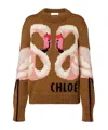 Chloé Hand Knit Flamingo Intarsia Wool Crewneck Sweater In Brown