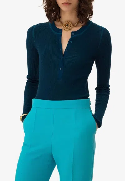 Chloé Wool Knit Henley Sweater In Blue