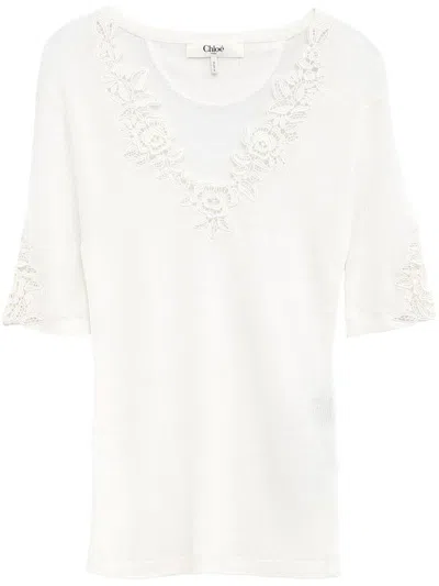 CHLOÉ CHLOÈ WOOL KNTI TOP WITH LACE GUIPURE