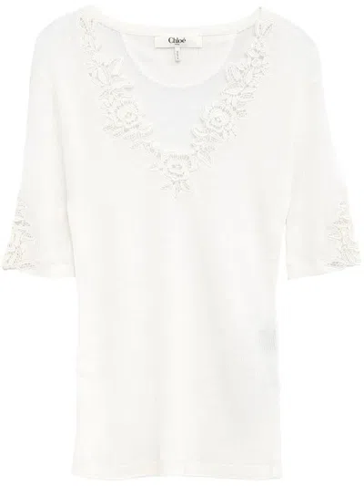 CHLOÉ CHLOÉ WOOL KNTI TOP WITH LACE GUIPURE