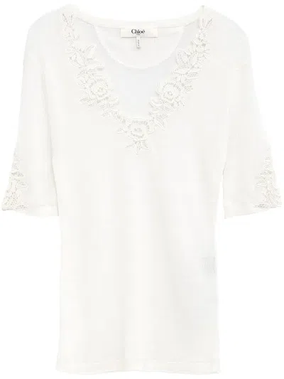 Chloé Chloè Wool Knti Top With Lace Guipure In White