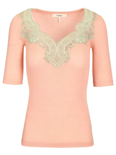 Chloé Wool Rib Knitted & Guipure Sweater Knitwear Rose In Multi