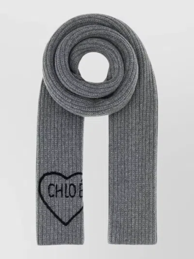 Chloé Wool Scarf Encoeur Heart Embroidery Ribbed In Grey