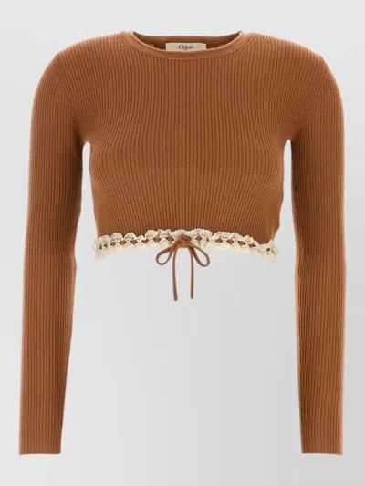 Chloé Wool Sweater Cropped Lace Trim Tie In Brown