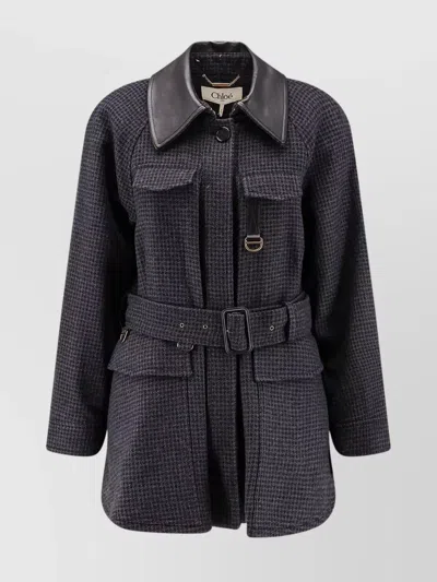 Chloé Wool Trench Coat Featuring Leather Collar In Black