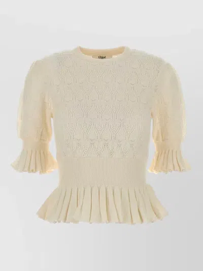 Chloé Wool Viscose Sweater Puff Sleeves Peplum In Neutral
