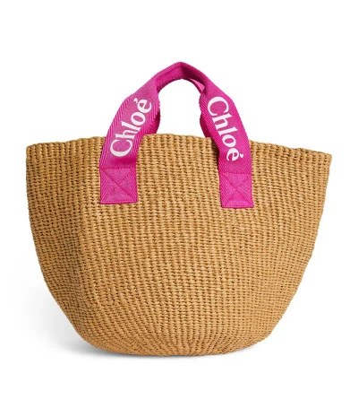 Chloé Kids' Woven Logo-strap Basket Bag In Pink